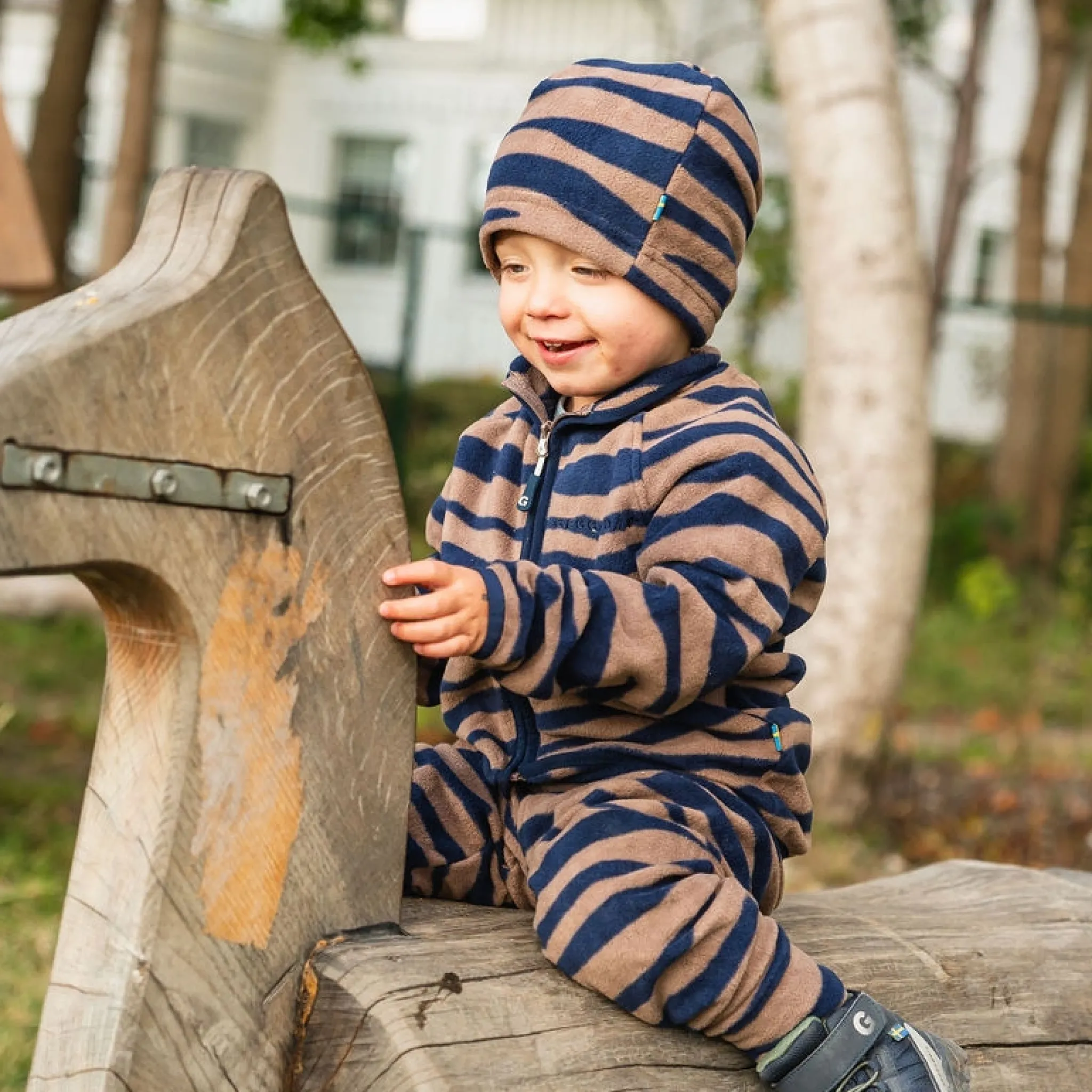 Barn Geggamoja Vintermössor<Fleecemössa Zebra Blå/Brun