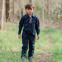 Barn Geggamoja Skjortor<Linneskjorta lång arm Navy