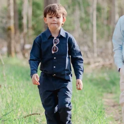 Barn Geggamoja Skjortor<Linneskjorta lång arm Navy