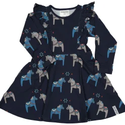 Barn Geggamoja Klänningar|Bambukläder<Snurrklänning Bambu Dalahäst Navy